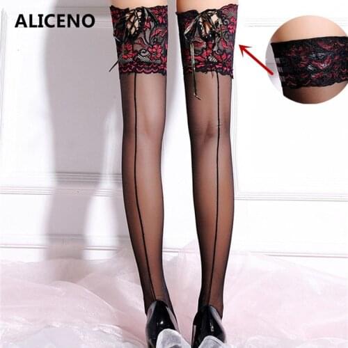 ALICENO Silicone Stap Up Punk Maid Cuban Heel Back Seam Stockings Wide Lace Floral Top Thigh High Cross Bandage Stockings 2130