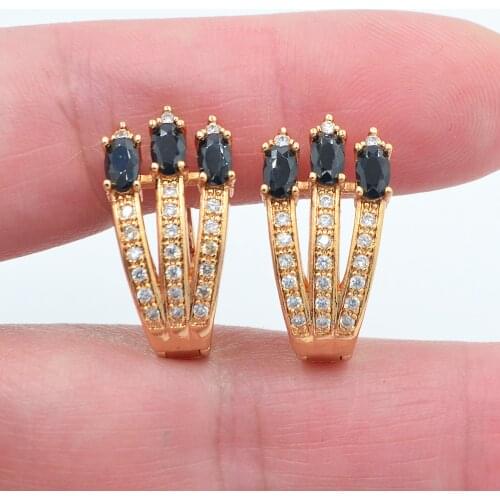 Gold Color Women Fashion Black Cubic Zirconia CZ Huggie Earrings Jewelry