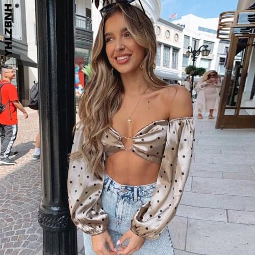 YHLZBNH Elegant Women Off shoulder Puff Long Sleeve Polka Dot Crop Top Shirt Short Blouse Bra Hollow Out Tops Party Club Wear