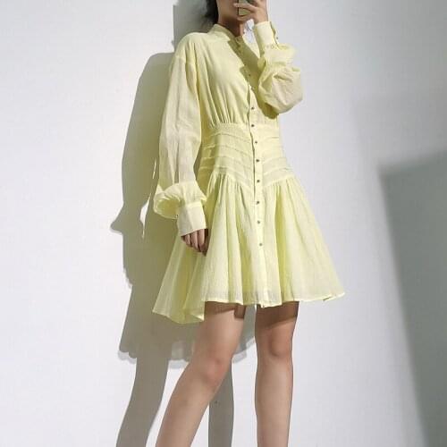 New Stand Neck Women Pink Color Women Dresses Puff Sleeves Spring Ruched Folds Good Quality Lady Pleated Dress Vestidos