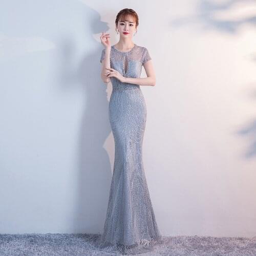 Beaded Short Sleeve Mermaid Cheongsam Sexy Perspective Crew Neck Evening Party Dress Gown Grace Maxi Trumpet Vestidos De Festa