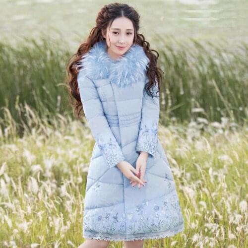 Winter Lace Embroidery Real Raccoon Collar Fur Coat Female Lace Ruffles Was Thin Thicker Warm Down Coats Parkas F2333 Dropship