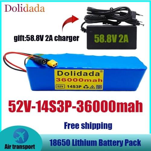 18650 52V 36000mah14S3P Lithium Battery Pack 52V 36AH 2000W electric bicycle battery Built in 20A BMS XT60+58.8V 2A charger