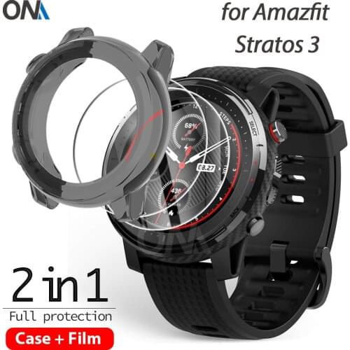 2+1 Protector Case + Screen Protector for Huami Amazfit stratos 3 smart watch Soft TPU Protective Cover Tempered Glass Film
