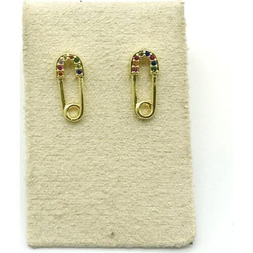 5pairs/lot Gold Filled Rainbow Cubic Paved Safety Pin Shape Small Stud Earrings Jewelry For Girl Gift