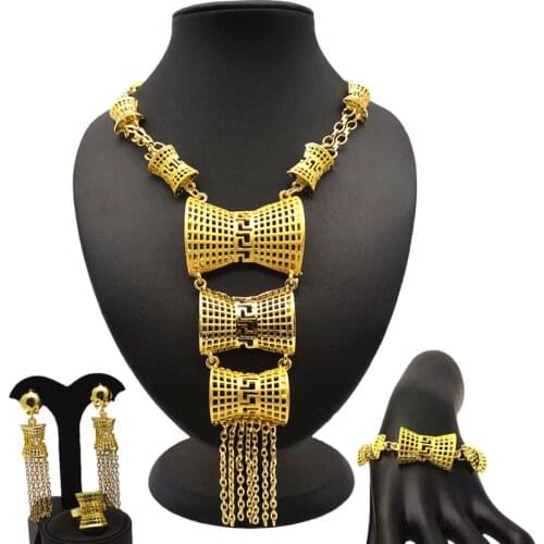 African Bridal Gift Wedding Dubai Gold Jewelry Sets for Women Fashion Costume Jewelry Big Necklace Bracelet Earrings Set