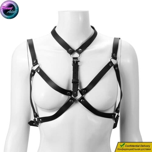 RUNYU PU Leather Hollow Bikini BDSM Tops Harness Bandage Suit Collar Sexy Lingerie Women Lesbian Men Couple Sex Toys Nipple Out