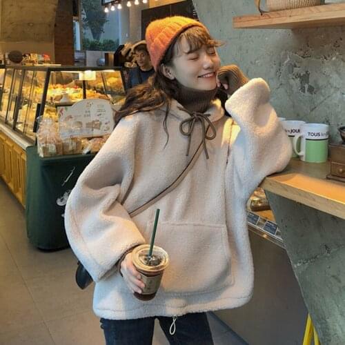 White Lambswool Hoodies Women Hooded Sweatshirts Autumn Winter Warm Loose Pullovers Faux Fur Outerwear Plush Tops Thick Velvet