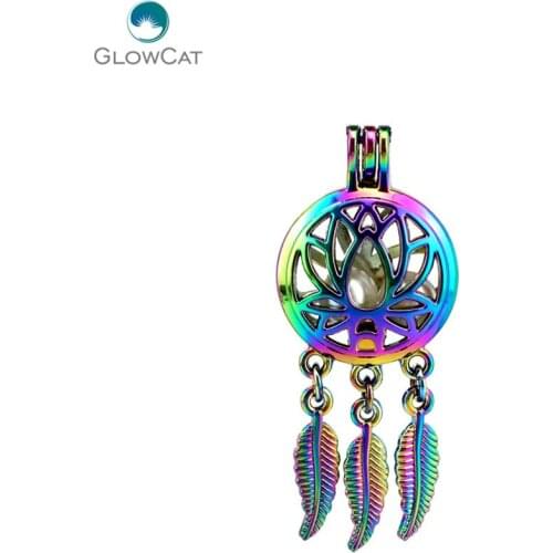 C731 5pcs/lot Rainbow Color Dream Catcher Lotus Leaf Cage Pendant Pearl Locket Fairytale Party