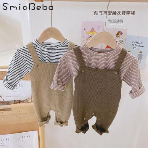 Childrens Korean Handsome And Lovely Suspenders Rompers Shirts Top Unisex Boys And Girls Striped Newborn Belt Jumpsuits Clothes