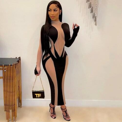 Echoine Long Sleeve Sheer Mesh Patchwork Long Dress Women Skinny Bodycon See Through Transparent Dresses Party Club Vestido Hot