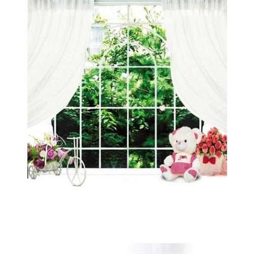 Window Cartoon Bear Rose Flowers Photography Backdrops Photo Props Studio Background 5x7ft