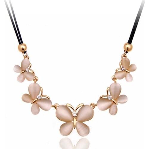 FYJS Unique Light Yellow Gold Color Stackable Butterfly Pendant Cat Eye Stone Necklace Rope Chain Jewelry