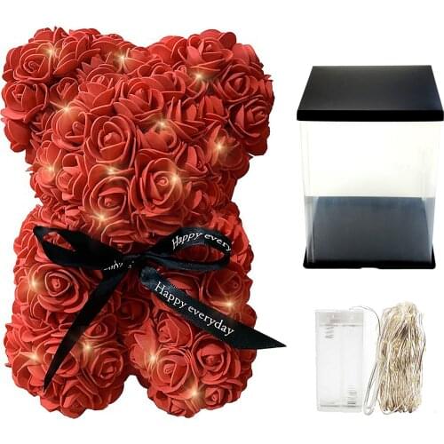 25cm PE Foam Artificial Rose Flowers Bear With Light String Decoration Romantic Valentines Day Mothers Day Gift Wedding Decor