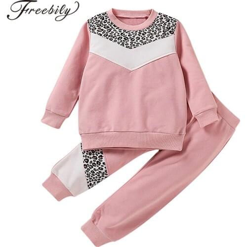 2Pcs Kids Unisex Spring Autumn Sports Set Tracksuits Round Neck Long Sleeves Leopard Print Top Pants Set for Gym Exercise Sport