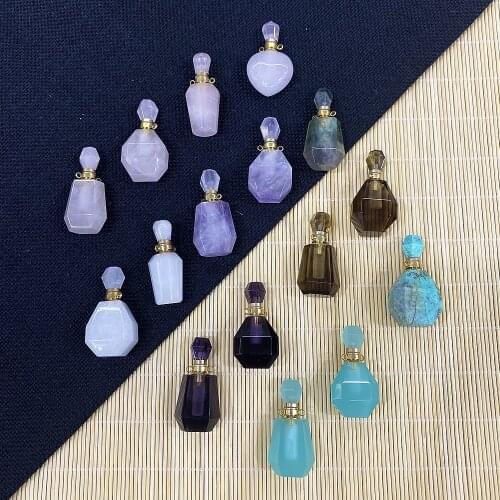 Natural Stone Love Heart-shaped Perfume Bottle Pendant Amethyst Double-ring Pendant for DIY Necklace Sweater Chain Accessories