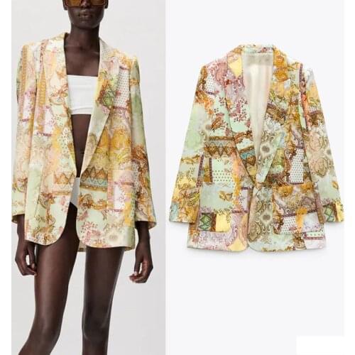 Summer Printed Chic Blazers Women Za 2021 Vintage Lapel Cllar Long Sleeve Blazer Casual Loose Front Pocket Fashion Woman Blazer