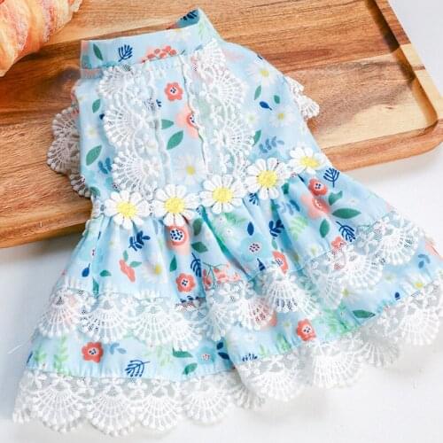 Summer New Fashion Luxury Girl Dog Dresses with Flowers Small Pet Dog Lace Flower Cute Princess Skirt Blue