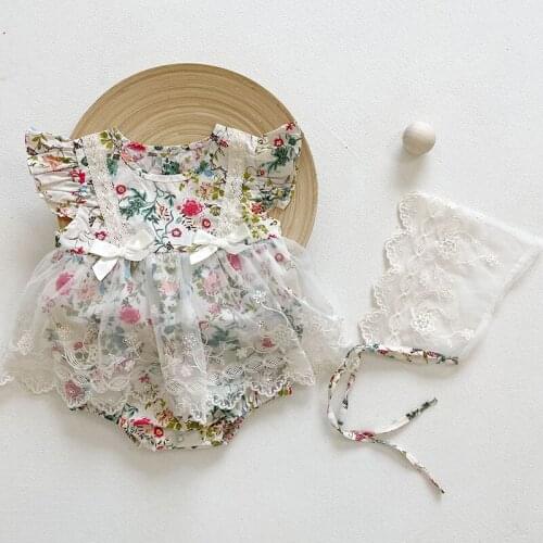 Summer Toddler Baby Girl Flying Sleeve Mesh Stitching Floral Printing Dress Romper+Hat Infant Baby Girls Jumpsuit