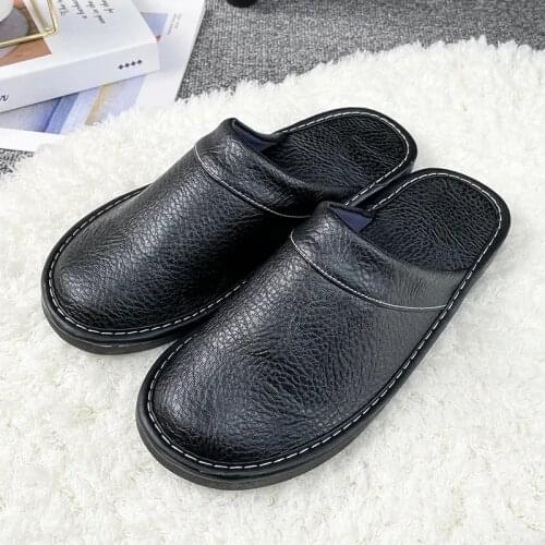 Black genuine leather slippers mens indoor flats waterproof autumn house shoes couples classic leather man shoes