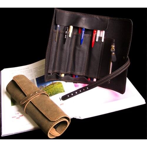 Cowhide retro scroll pencil bag for art students special curtain scroll curtain type painting pencil bag sketch creative pencil