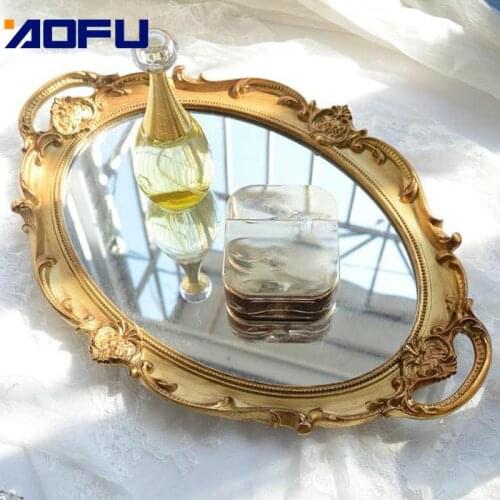 European Retro Gold MirrorPortable Vintage Cosmetic Makeup Mirror Hand Hold Oval Display Tray Home Decoration Accessories