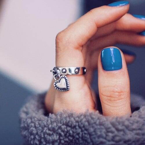 Simple Retro Heart Love Tassel Tag Adjustable 925 Sterling Silver Rings For Women Vintage Dainty Trendy Jewelry Gift