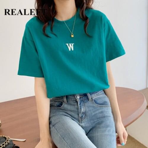 REALEFT 2021 New Summer Cotton Embroidery Short Sleeve Womens T-Shirts Letter Printed O-Neck Casual Loose Shirts Tops Tee Lady