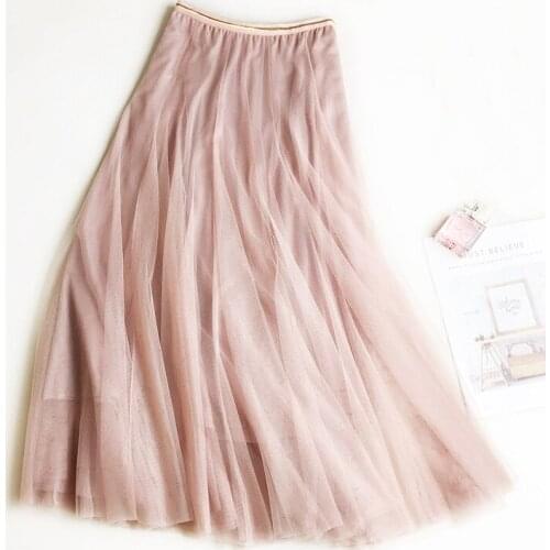 Wasteheart Pink Women Skirt High Waist Ball Gown Beading Ankle Length Skirt Mesh Chiffon Clothing All-match Empire Sweet