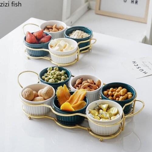 Create Ceramic Snack Bowl Modern Household Divided Fruit Platter 4 Grid/6 Grid Candy Nut Plate Gold-plated Porcelain Fruit Plate