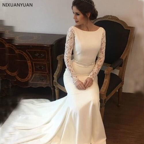 Mermaid Wedding Dresses with Long Lace Sleeves Satin Bridal Gowns Backless Sweep Train Vestidos De Novia Beach Dresses