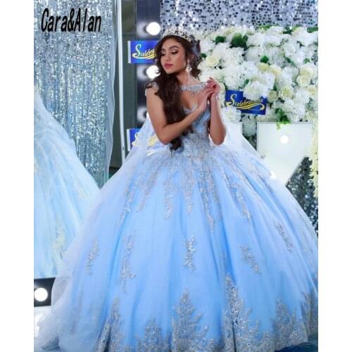 Light Sky Blue Quinceanera Dresses with Cape Lace Applique Corst Sweet 16 Dress 2021 vestidos de 15 años Prom Gowns