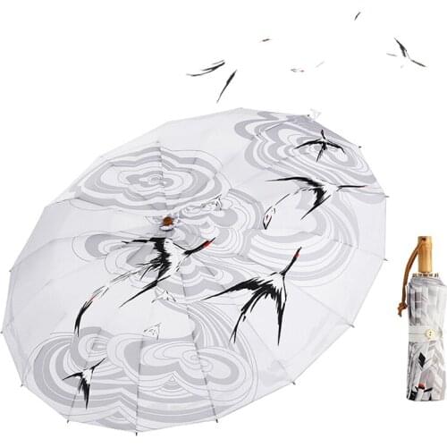 Fashion Straight Umbrella Men Designer Women Crane Folding Umbrella Chinese Style 3 Stage Pretty Guarda Chuva Rain Gear AG50ZS