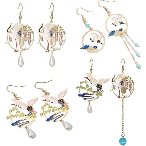 Chinese Style Flying Bird Pine Long Earrings For Women Fashion Jewelry Romantic Elegant Charms Unique Asymmetry Pearl Drop Ear