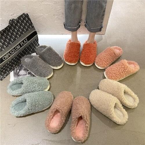 2021 New Fashion Winter Women House Slipper Faux Fur Short Plush Warm Shoes Solid Non-slip Closed Toe Home Furry Slippers Female