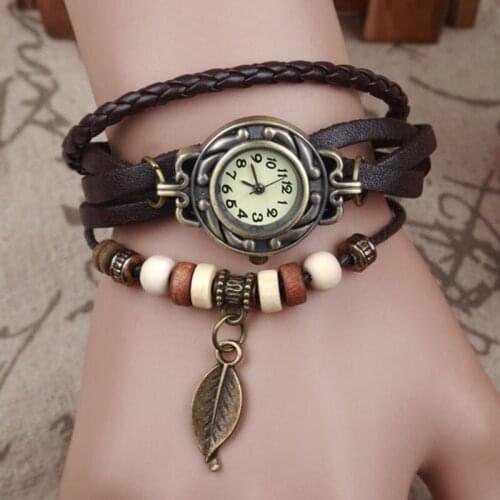 6PC Womens Casual Bracelet Weave Wrap Quartz Classic Leather Leaf Beads Wrist Watches 2019 Clock Gift Feminino For Women QC7