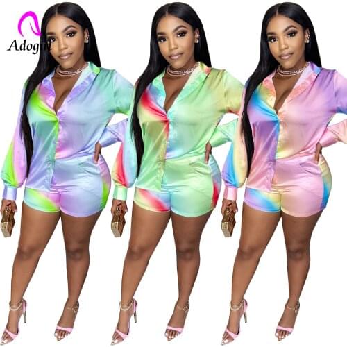 Digital Colorful Printed Women 2 Piece Set Button Up Long Sleeve Shirts + Skinny Biker Shorts Matching Set 2021 Autumn Outfits