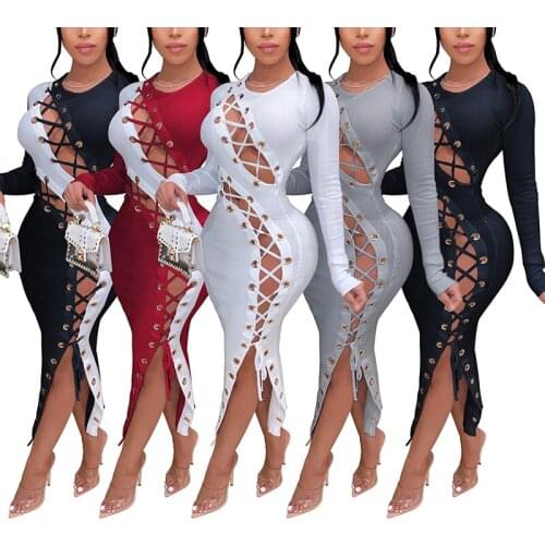 Womens Long Sleeve Bandage Long Dresses Sexy Solid Color Casual Night Club Wear Dress