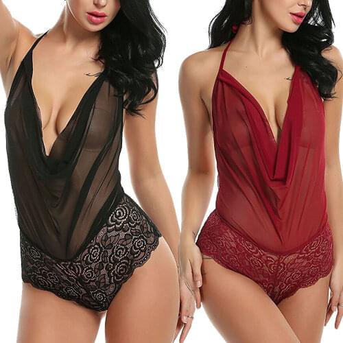 Women Sexy Lace Mesh See-through Nightwear Underwear Halter Sling Backless Bandage Sleepwear Teddies Bodysuits Swimwear