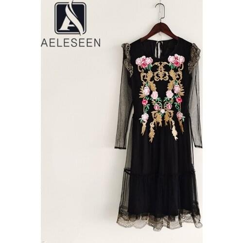 AELESEEN Runway Fashion Summer Dress Women Luxury Mesh Flower Embroidery Black Ruffles Elegant Party Holiday Dress