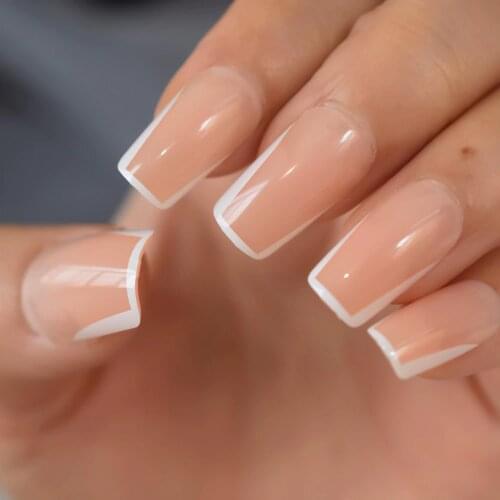 Glossy White French Press on False Nails Square Flat Top Shape UV Gel Nude Medium Long Fingersnails Free Adhesive Tapes 24pcs
