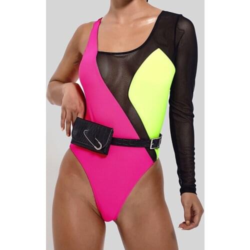Asymmetric One Piece Swimsuit Sexy Women Swimwear Long Sleeve Mesh Monokini Cut Out Bodysuit with Leather Waist Bag Beachwear