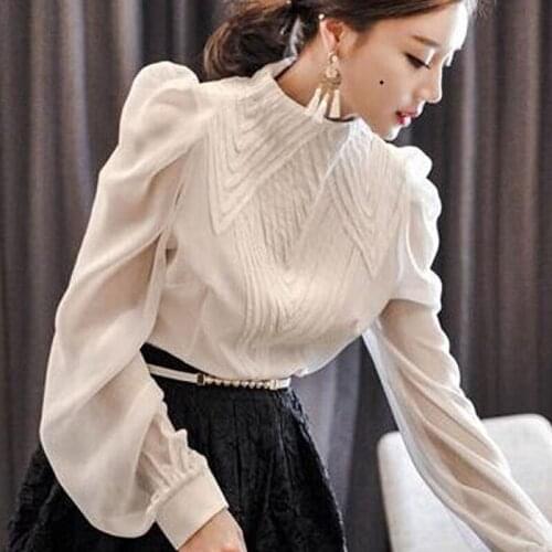 Blouses Femme Long Sleeve White Blouse Women Blusas Mujer De Moda 2021 Stand Collar Chiffon Blouse Shirt Tops Women Blusas E183