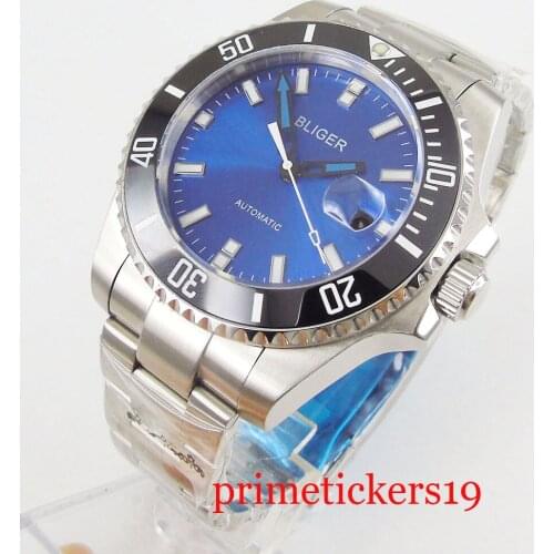 Black ceramic bezel 43mm bliger blue dial date sapphire glass automatic movement mens watch