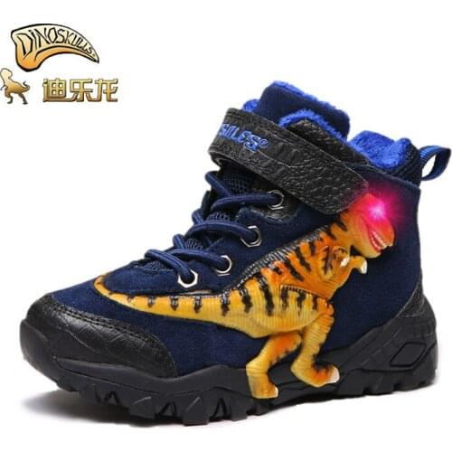 Dinoskulls Children Snow Boots 20 Winter Leather Shoes Boys Big T-rex With LED 3-8T Toddler Kids Warm Lining Light Fashion Boots