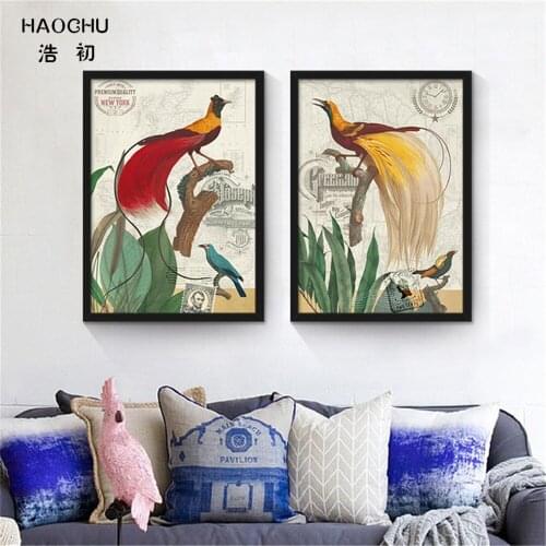 HAOCHU Modern American Style Long Tail Birds and Flowers Canvas Wall Paintings Pictures Home LIVING ROOM School Cafe Bar Decor