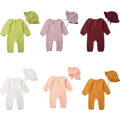 0-24M Newborn Infant Baby Boy Girl Cotton Romper+Hat Solid Color Long Sleeve Autumn Jumpsuit Casual Baby Boy Girl Clothes Outfit