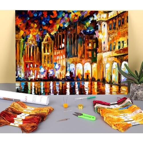 Brussels - Grande Place Printed Water-Soluble Canvas 11CT Cross Stitch Full Kit Embroidery DMC Threads Painting Design