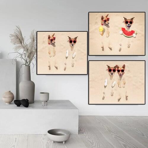 Animal Paintings Cute Dogs Beach Canvas Pictures Wall Art For Living Room Decoration Posters And Prints No Frame