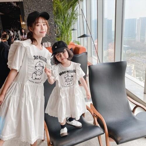 Menoea Mother and Daughter Matching Clothes Summer Fashion Family Outfits Girls Dresses Cartoon Print Cotton Princess Vestidods